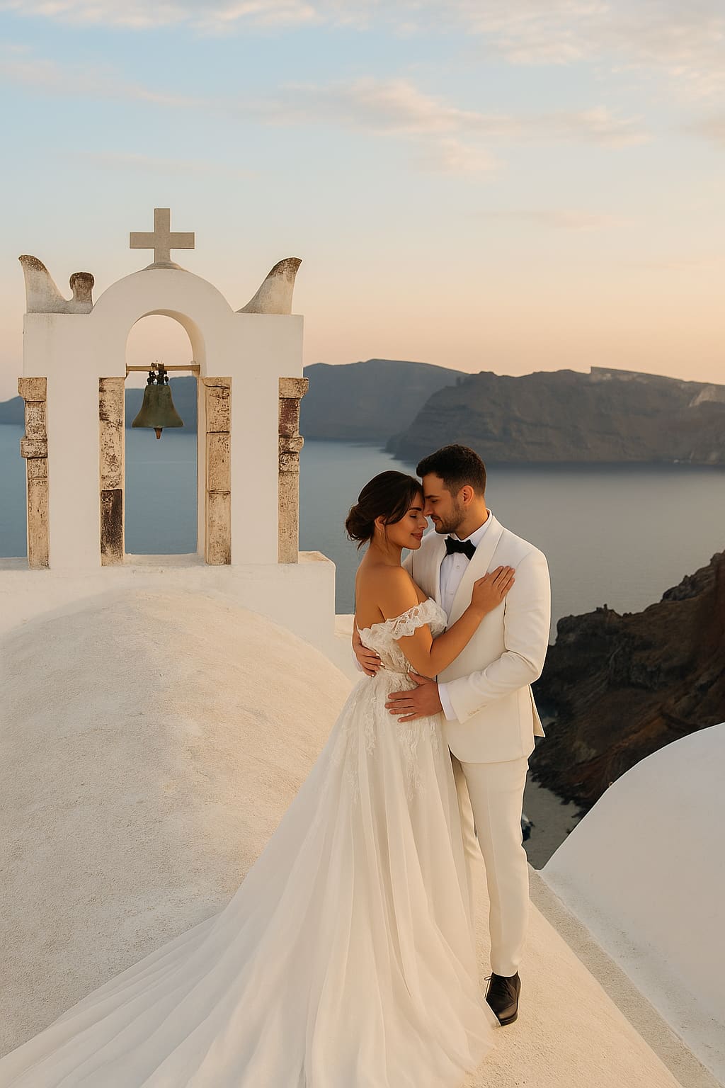 Bride and groom at Santorini bell tower during sunset